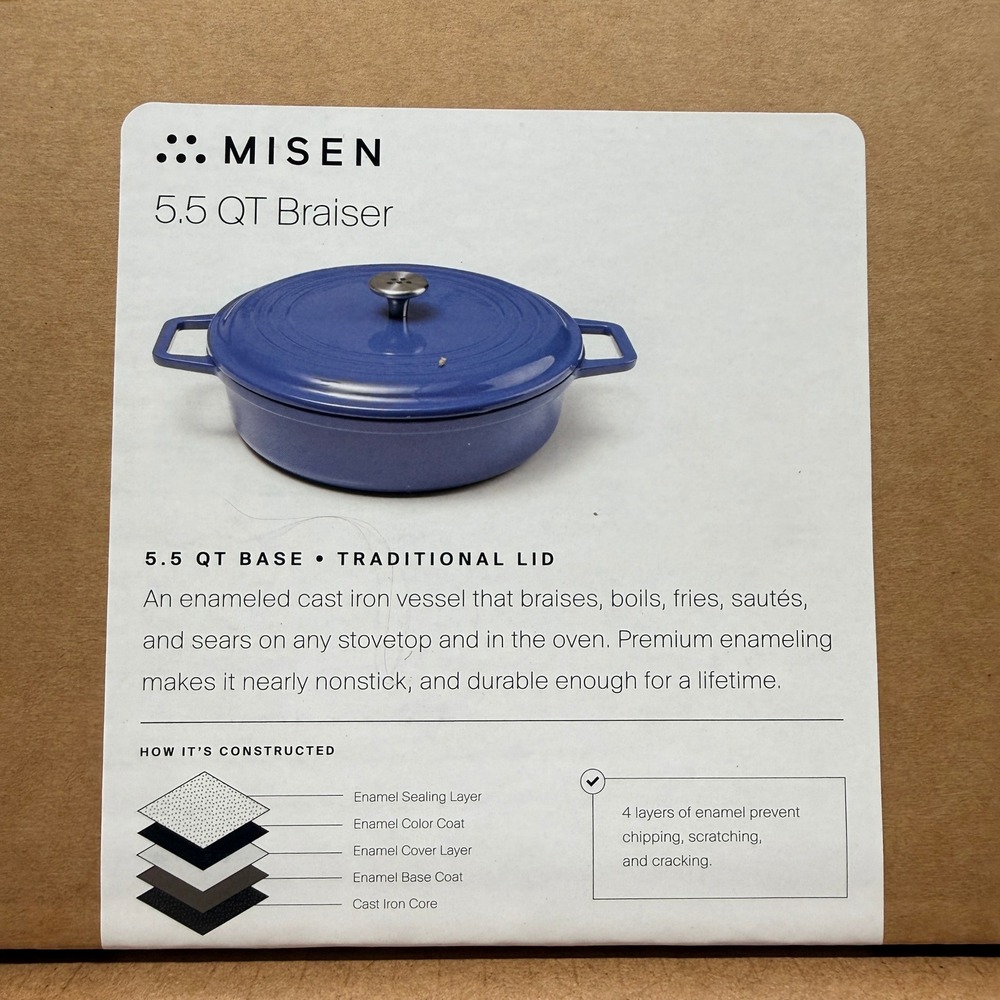 Misen 5.5 QT Braiser Enameled Cast Iron Blue Traditional Lid MK-2343T NEW